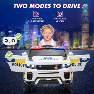 Garvee Ride - P Series: 12V Kids Ride On Police Car SUV Battery Operated Ride On Toy Toddlers Electric Cars with 2.4G Remote Control, LED Flashing Light, Megaphone, Spring Suspension, Handle, Music, White