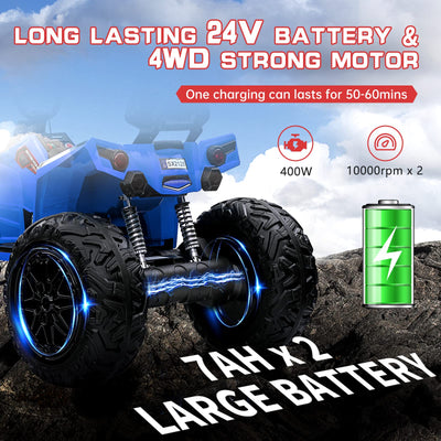 Garvee Ride - P Series: 24V Kids Quad ATV, Ride on Car 4WD Quad Electric Vehicle, 4x80W Powerful Engine, with 7AHx2 Large Battery, Accelerator Handle, EVA Tire, Full Metal Suspension, LED Light, Bluetooth&Music - Blue