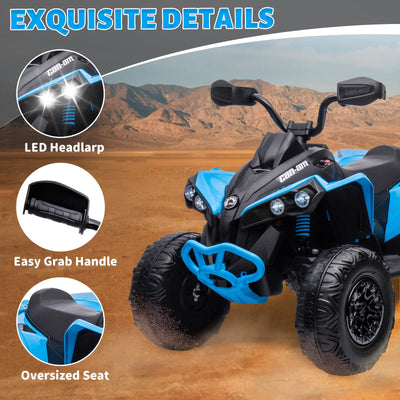 Garvee Ride - P Series: 12V Ride on Toy Car Bombardier Licensed BRP Can-am 4 Wheeler Quad Electric Vehicle, w/LED Lights, Spring Suspension, Bluetooth, Music, USB, Treaded Tires, White - Blue