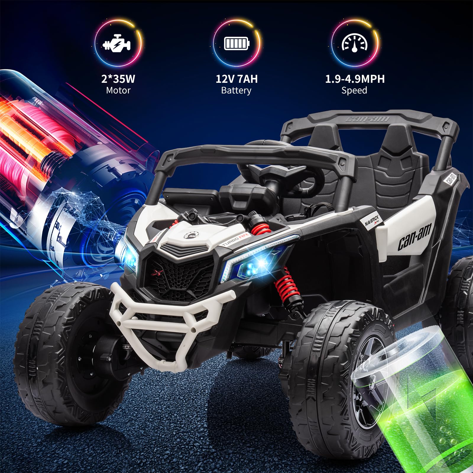 Garvee Ride - P Series: 12V Can-Am Ride-On UTV: Remote Control, Large Seat, Music, LED Lights, Spring Suspension, for Boys & Girls - White