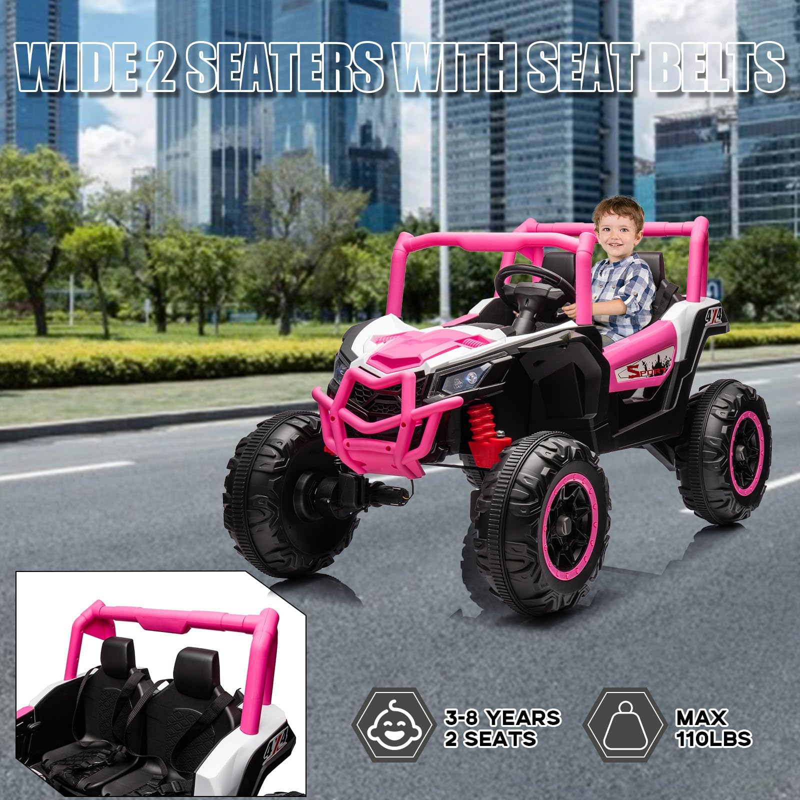 Garvee Ride - P Series: 2 Seater Ride on Car,12V Battery Powered Off-Road UTV Toy,Electric Car with Remote Control,Metal Frame,EVA Wheels,LED,Spring Suspension for 3-8 Boys&Girls - Pink