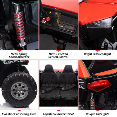 Garvee Ride - P Series: 24V 2-Seater Ride-On UTV: Remote Control, 4WD Motors, 21" Seats + Foldable Seat, 15.4" EVA Wheels, Music, LED Lights, 140lb Max Load - Red