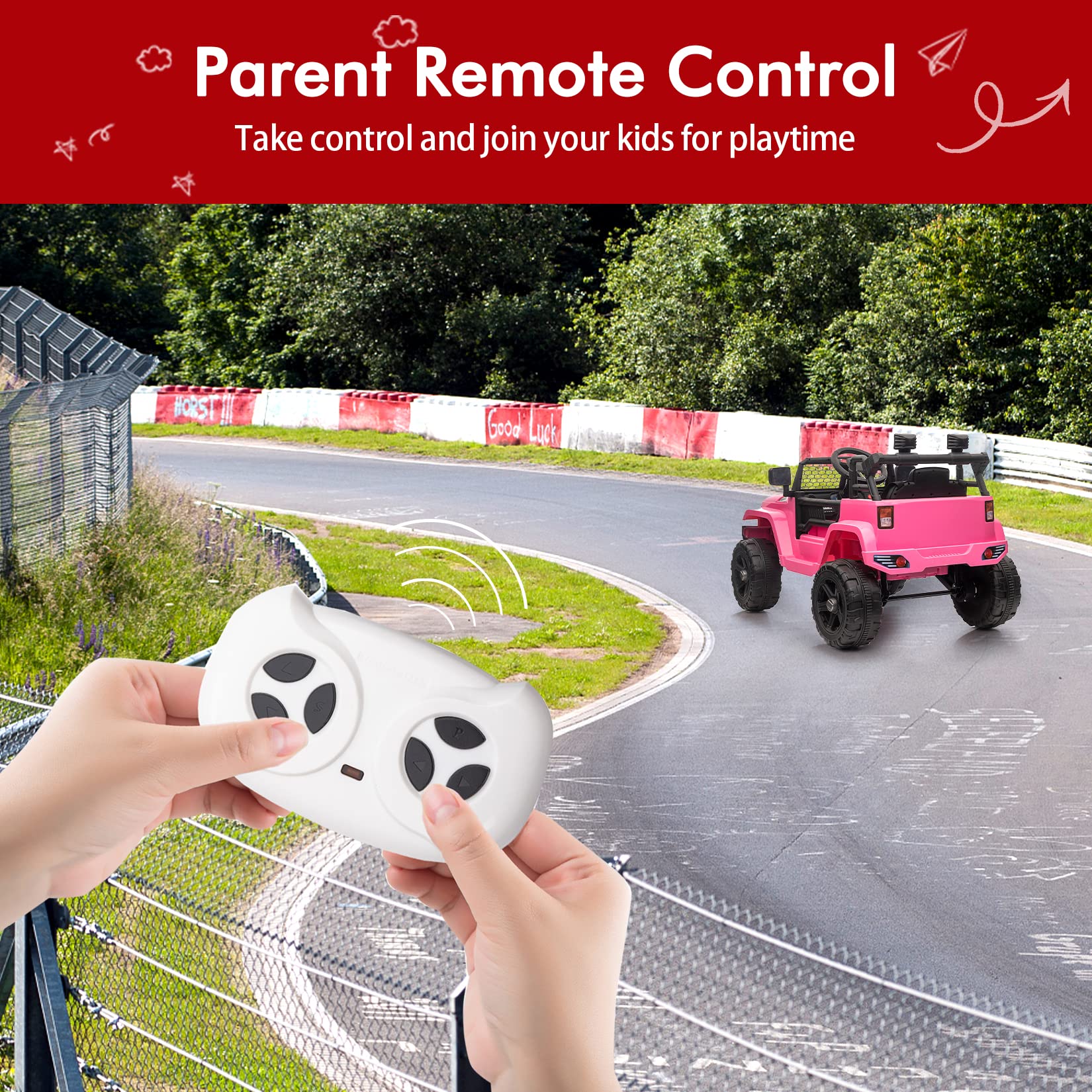 Garvee Ride - P Series: 12V Ride On Truck Car for kid : Remote Control, 3 Speeds, MP3 Music, Suspension, LED Lights,for 3+ Year Old - Pink