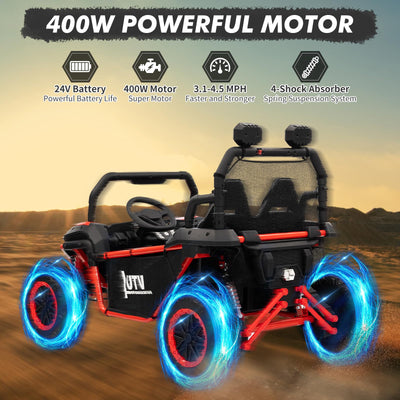 Garvee Ride - P Series: 24V 2 Seater Ride On Car, XXXL Off-Road Utv for Kids w/Metal Frame, 20 Inch Wide Seat, 400W Electric Vehicle Toy Car w/Pop Music, 3 Speeds for Boys and Girls,Red