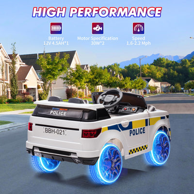 Garvee Ride - P Series: 12V Kids Ride On Police Car SUV Battery Operated Ride On Toy Toddlers Electric Cars with 2.4G Remote Control, LED Flashing Light, Megaphone, Spring Suspension, Handle, Music, White