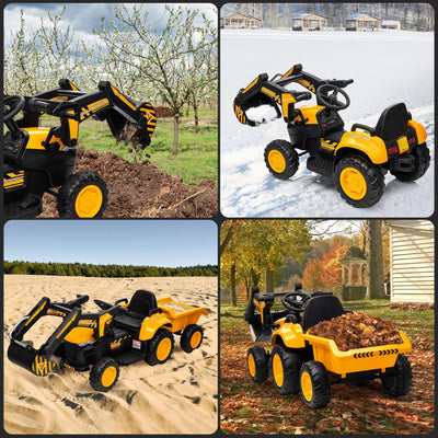 Garvee Ride - P Series: 12V 3 in 1 Ride on Excavator & Tractor with Detachable Trailer, Ride on Car Toy with Remote Control, Digger, LED Lights, Music, Kids Electric Vehicles for Boys Girls, Yellow
