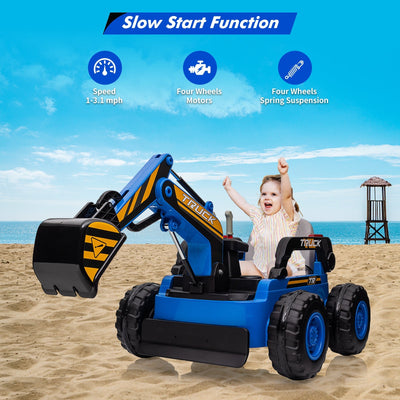 Garvee Ride - P Series: 12V Kids Ride On Excavator Digger Car with Remote Control & Electric Digging Arm with 2x35W Motors, 10Ah Large Battery, 4x75W Driving Motors,Led Tail Light, Music, USB, Ride Toy , Blue