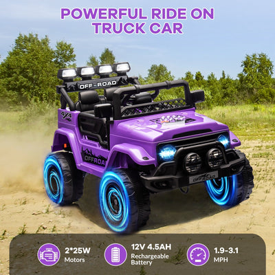 Garvee Ride - P Series: 12VElectric Ride on Truck Car For Kids Age 3+, Remote Control, Twin 25W Motors 3.1MPH Max Speed, Bluetooth USB Music Player, 4 Wheels Suspension LED Lights Safety Belt, Gift for Boy & Girl - Purple