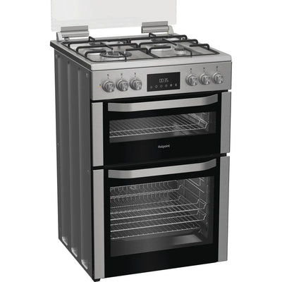 Hotpoint HDD6GDC2WX 60cm Dual Fuel Double Cooker with Glass Lid Stainless Steel
