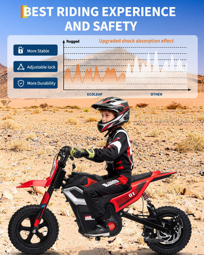Garvee 24V Electric Dirt Bike 350W Motor 10MPH Speed Key Start Hand Brake 12" Fat Tires Dual Suspension Kids Outdoor Riding