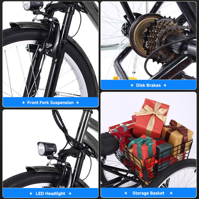 Garvee 24 Inch Adult Electric Tricycle 3 Wheel Fat Tires Electric Bicycle with Basket, 350W Powerful Motor, 36V Removable Battery, 7 Speed (Dark Gray)