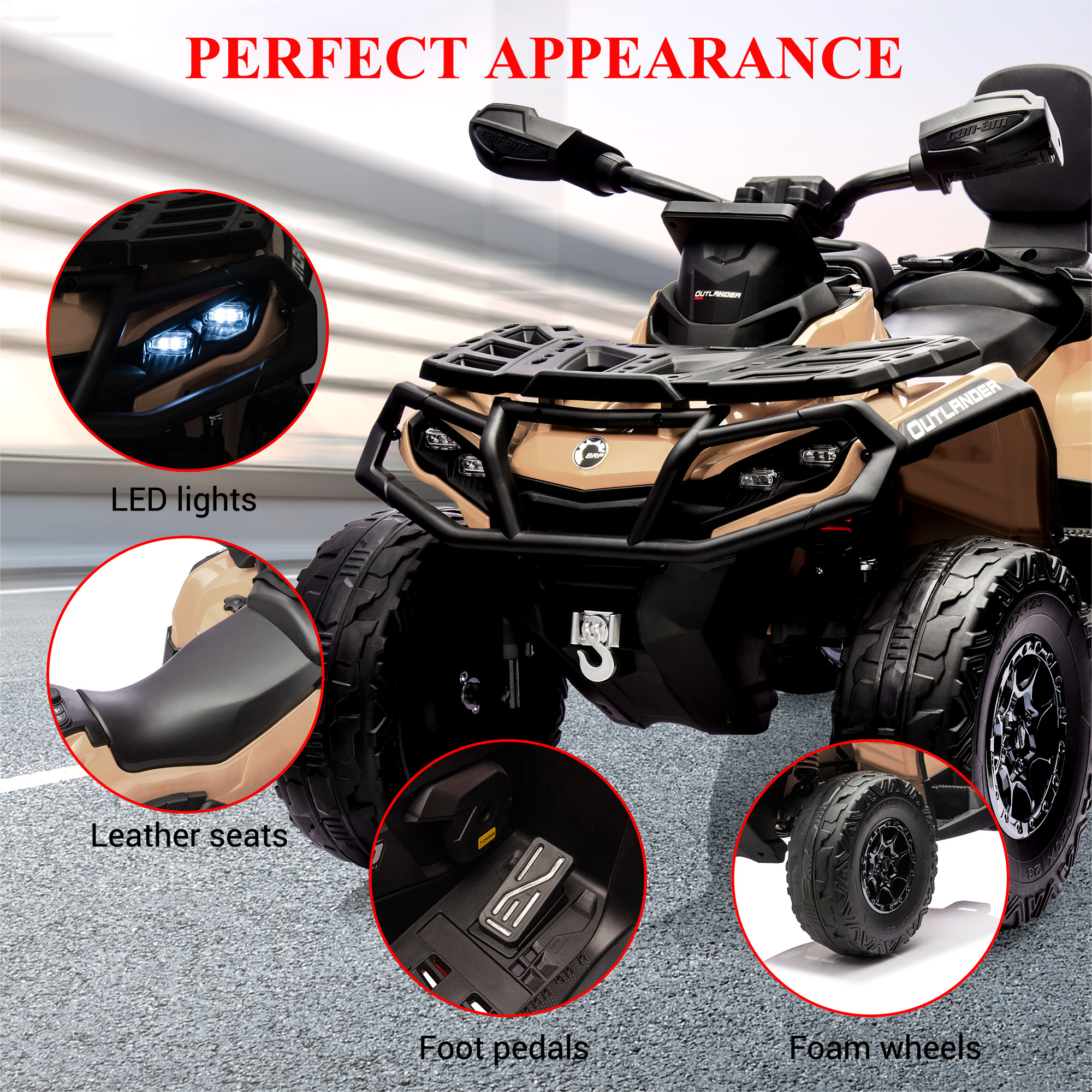 Garvee Ride - P Series: 2 Seater Ride On Car 24V 4WD Electric ATV, Leather Seats, Safety Belt, Bluetooth, Adjustable Speed, Yellow, Outdoor Adventure - Brown
